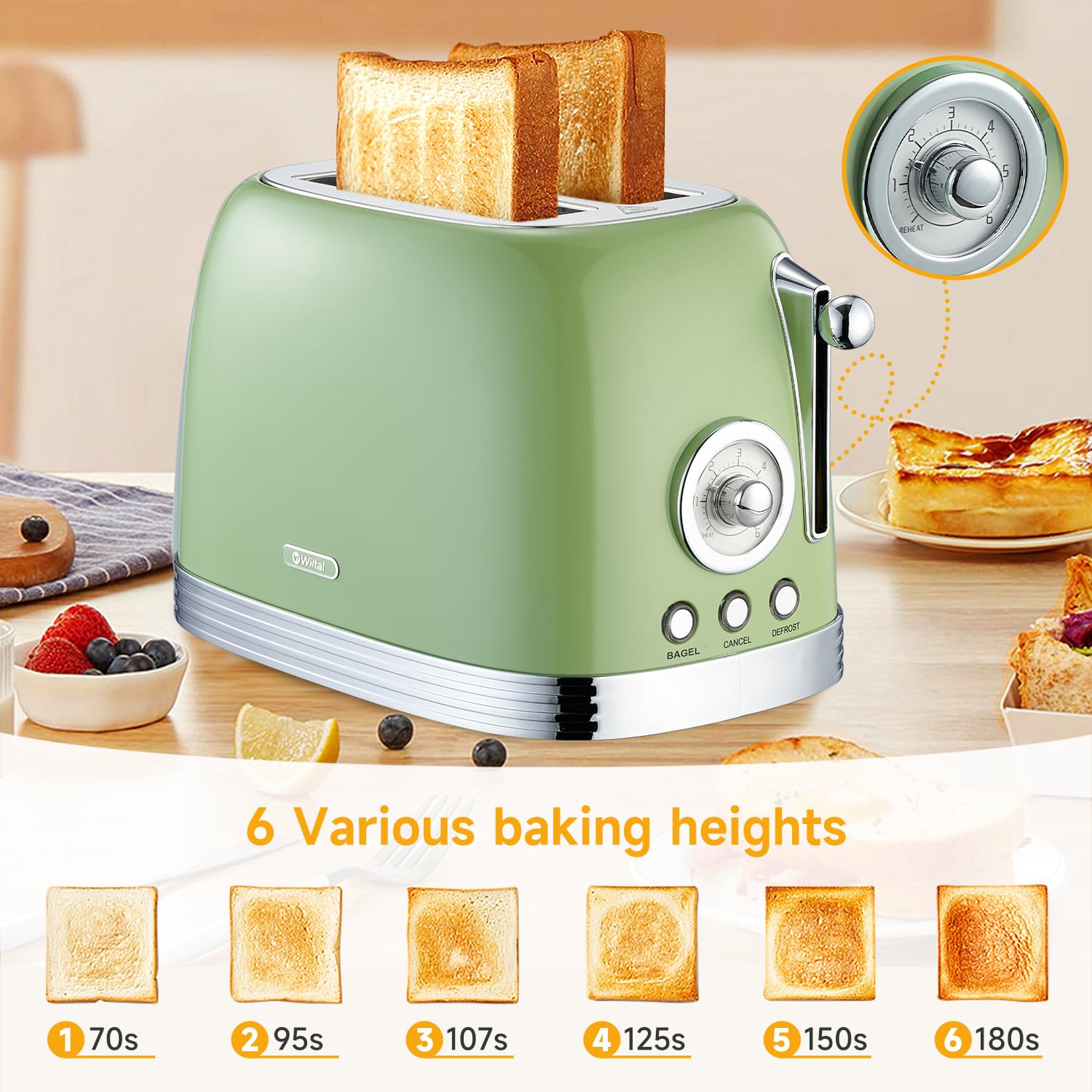Wiltal Green Retro Toaster high-lift lever for easy handling.