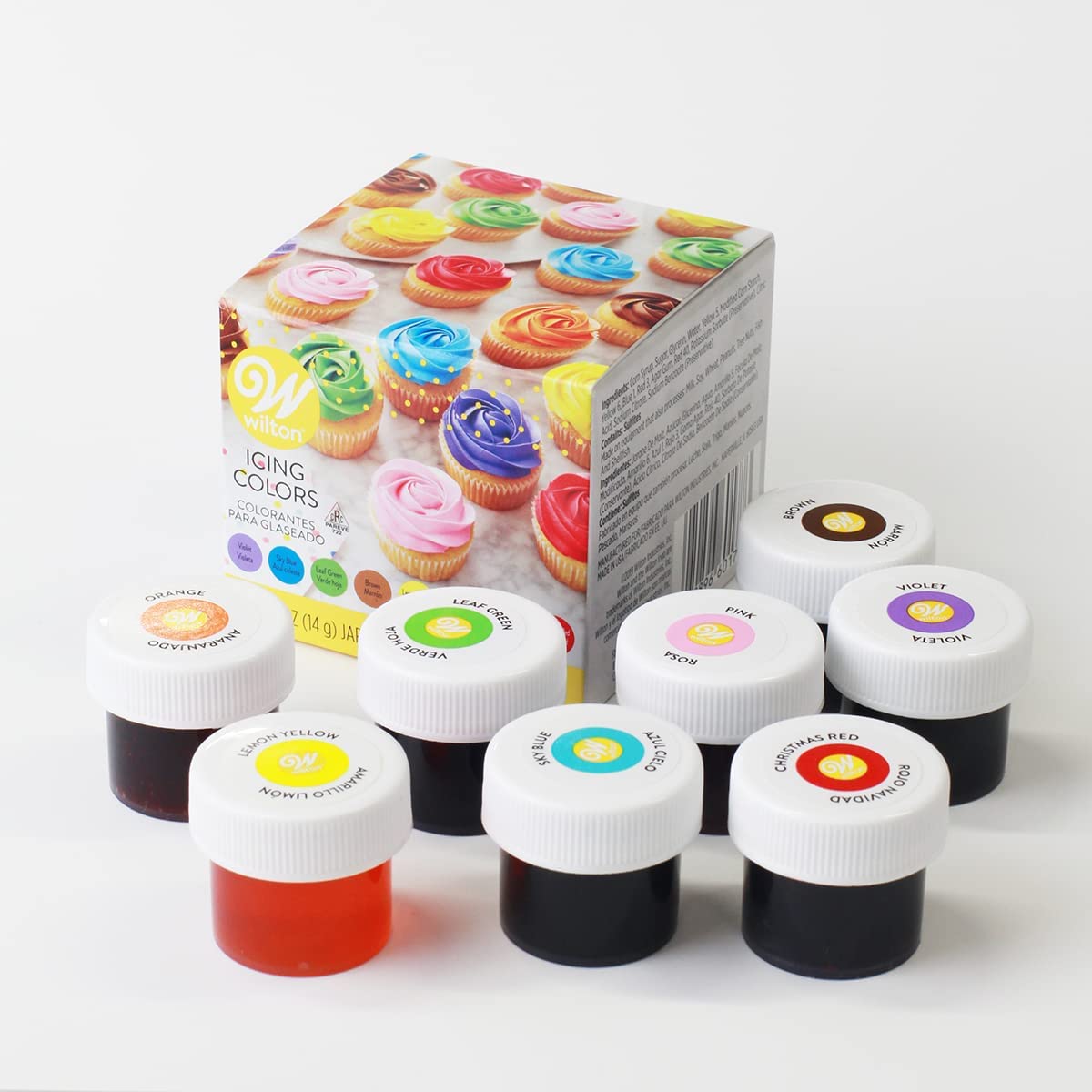 Wilton 8-Icing Colors Set jars close-up highlights ease of color blending.