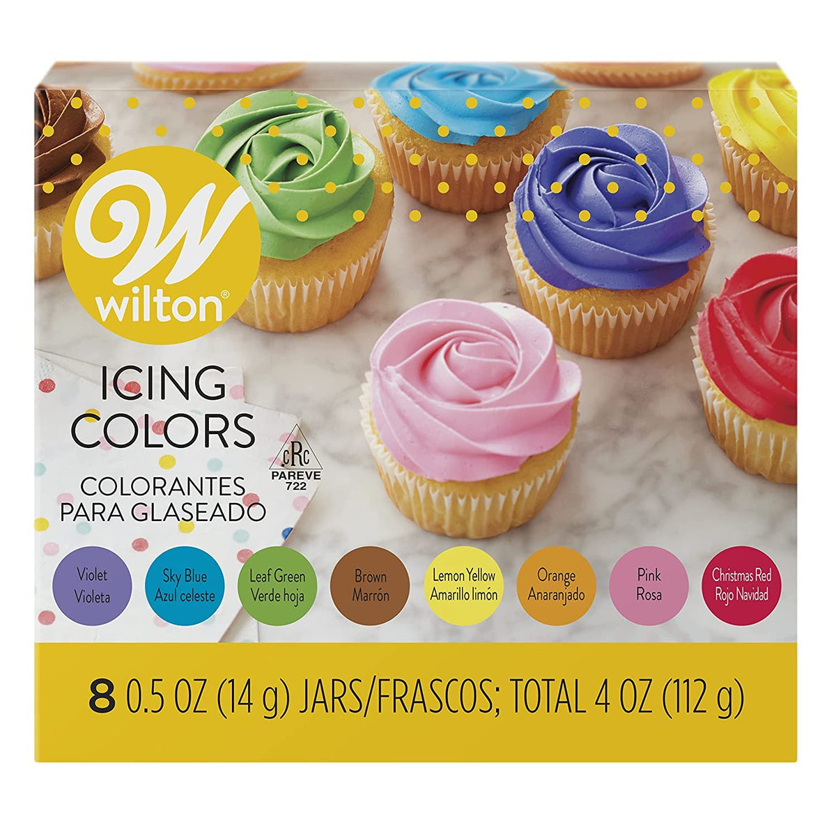 Wilton 8-Icing Colors Set packaging with compact jars for easy color prep.