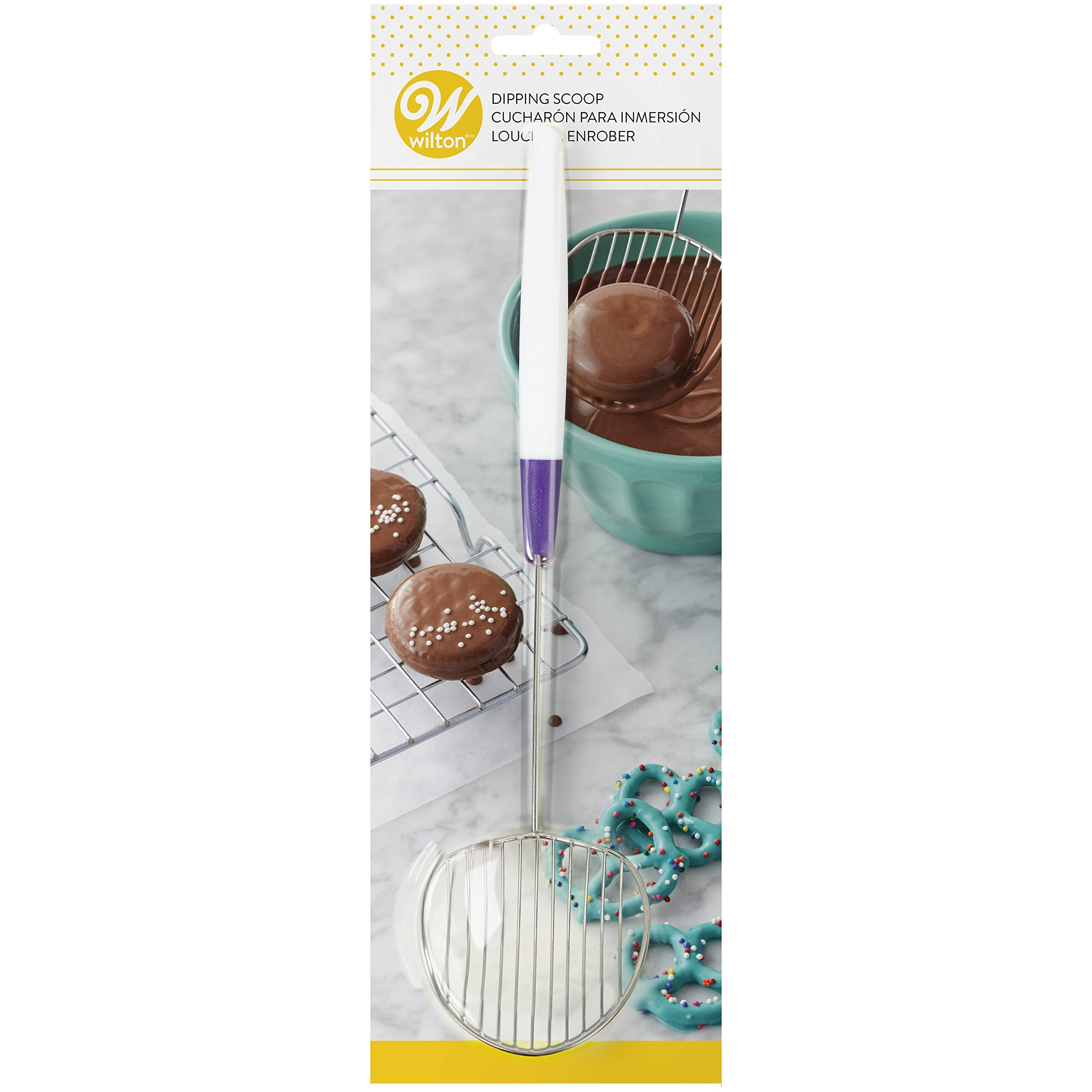Wilton stainless steel candy dipping scoop highlights durable, easy-clean material