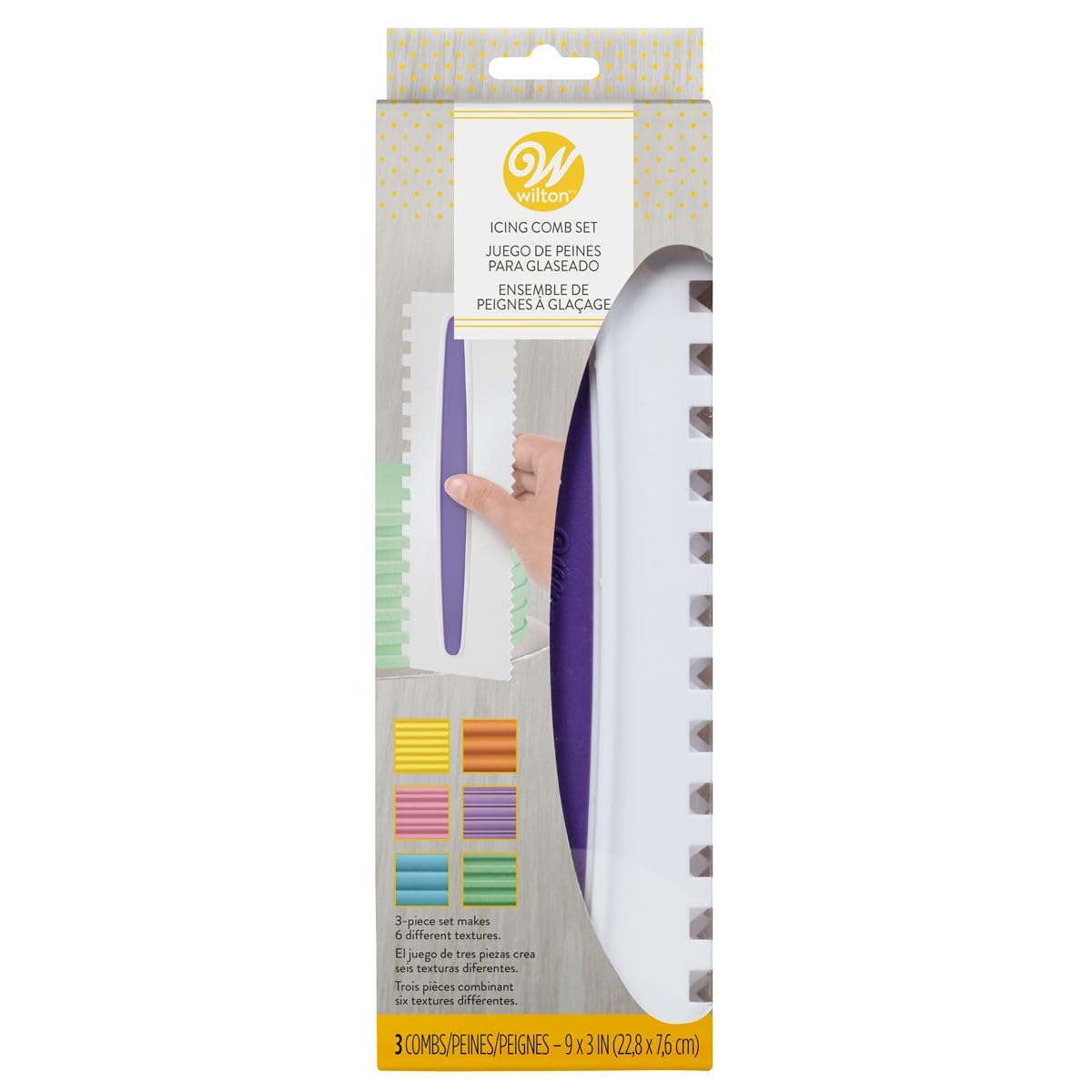 Wilton comb icing smoother 3-piece assembly showing textured buttercream edges