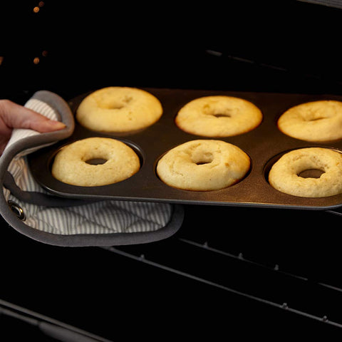 Baked donuts release smoothly from Wilton Gold donut pan