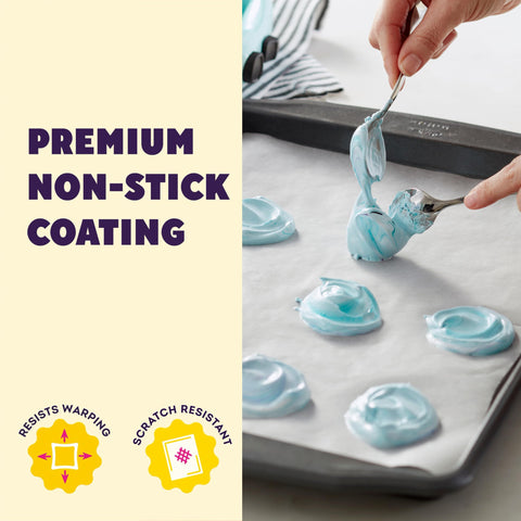 Wilton Gold Premium cookie sheet oven-safe up to 450 F for versatile baking.