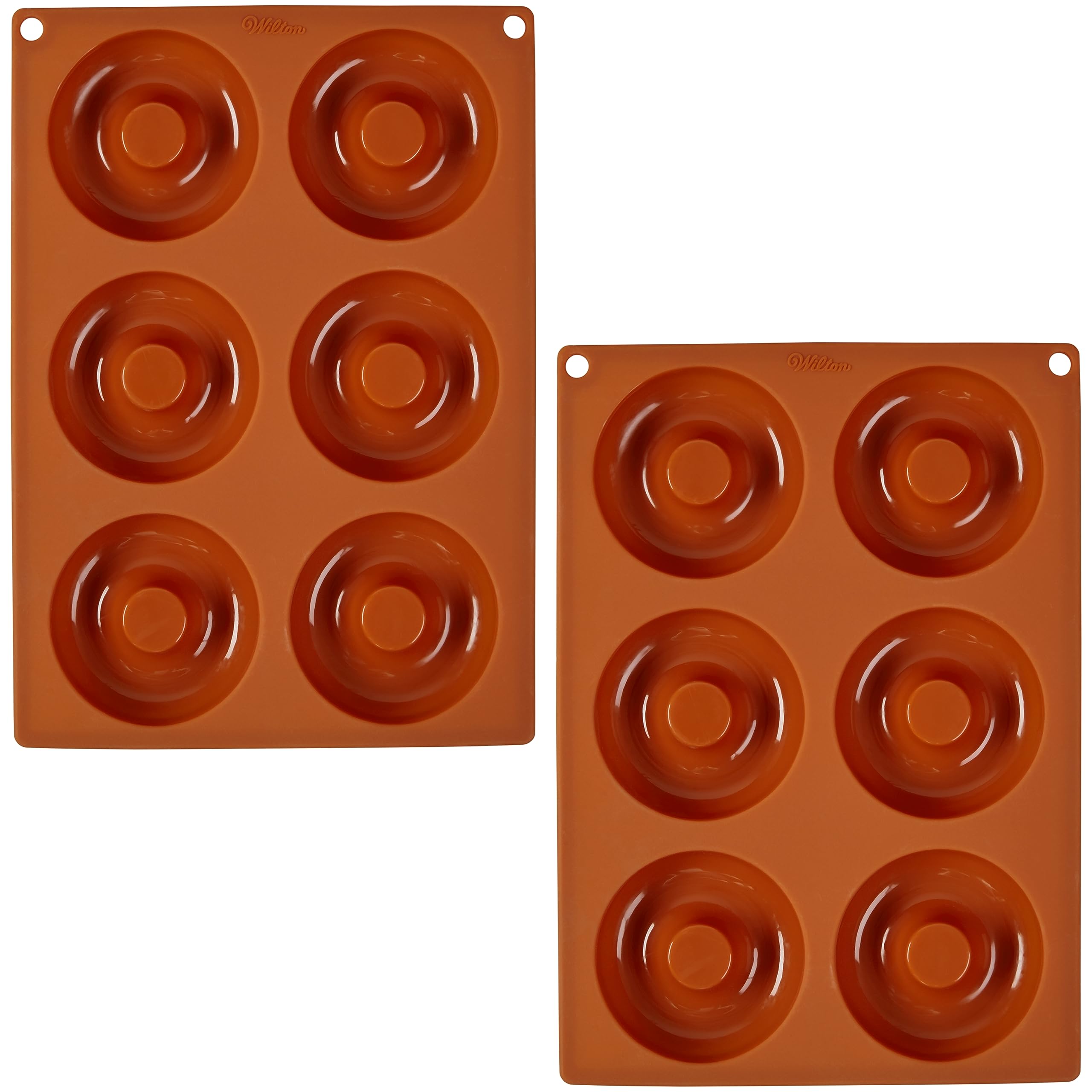 Front view of Wilton non-stick 6-cavity donut pans with easy release