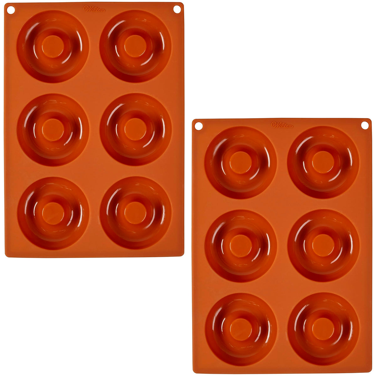 Front view of Wilton non-stick 6-cavity donut pans with easy release