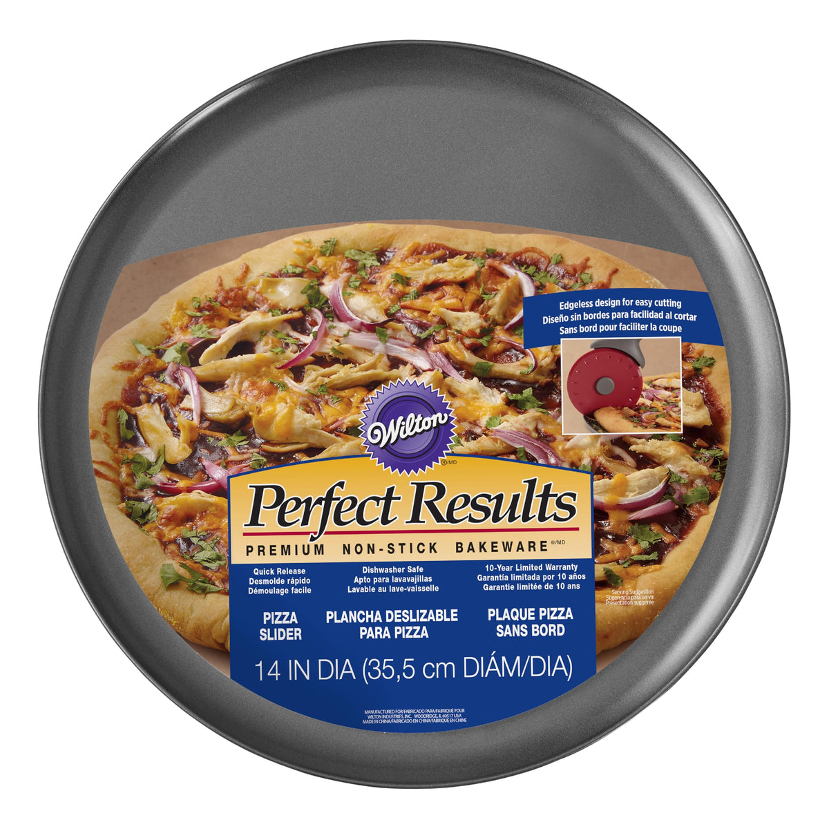 Wilton Perfect Results 14-inch pizza pan close-up shows non-stick coating for easy release