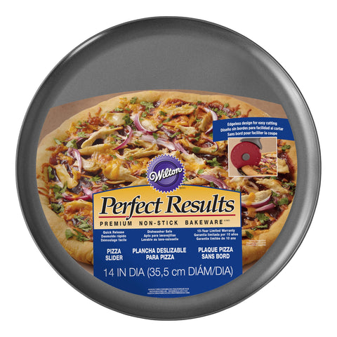 Wilton Perfect Results 14-inch pizza pan close-up shows non-stick coating for easy release
