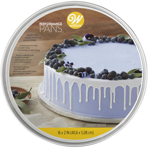 Wilton round cake pan with 2-inch depth, ideal for tall, stable layer cakes.