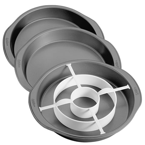 Wilton round checkerboard cake pan set assembled for a colorful layered cake