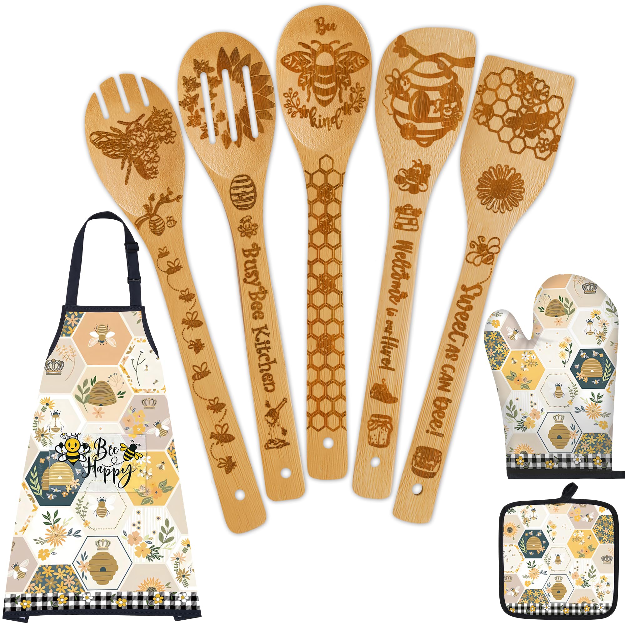 Wimabuden bee gifts bamboo spoons set with engraved bee patterns for cooking