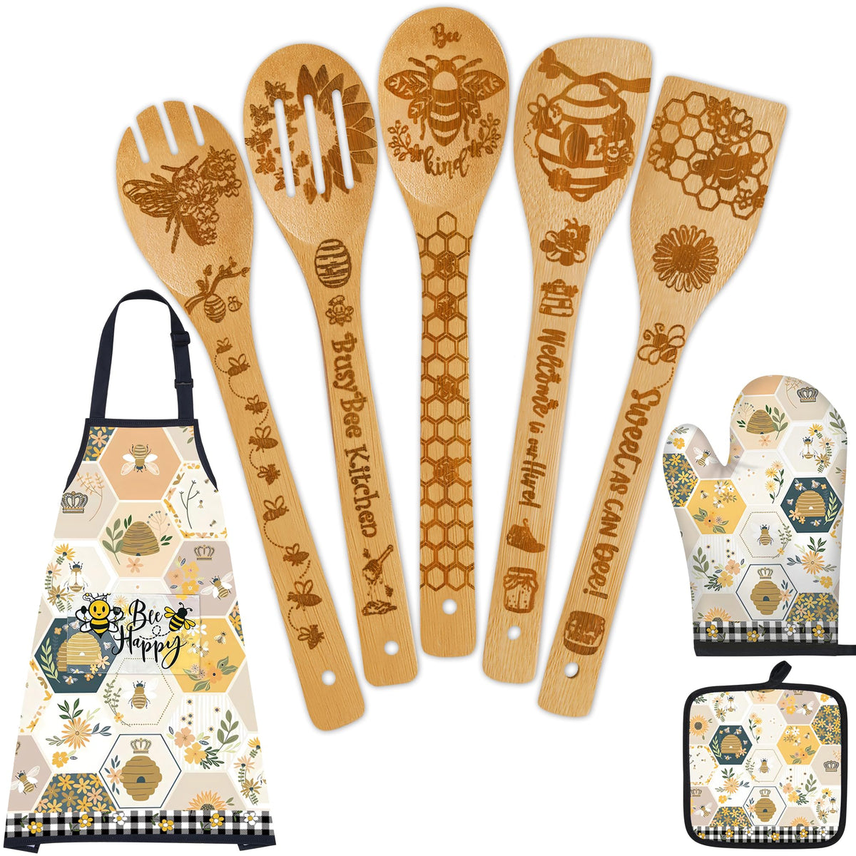Wimabuden bee gifts bamboo spoons set with engraved bee patterns for cooking