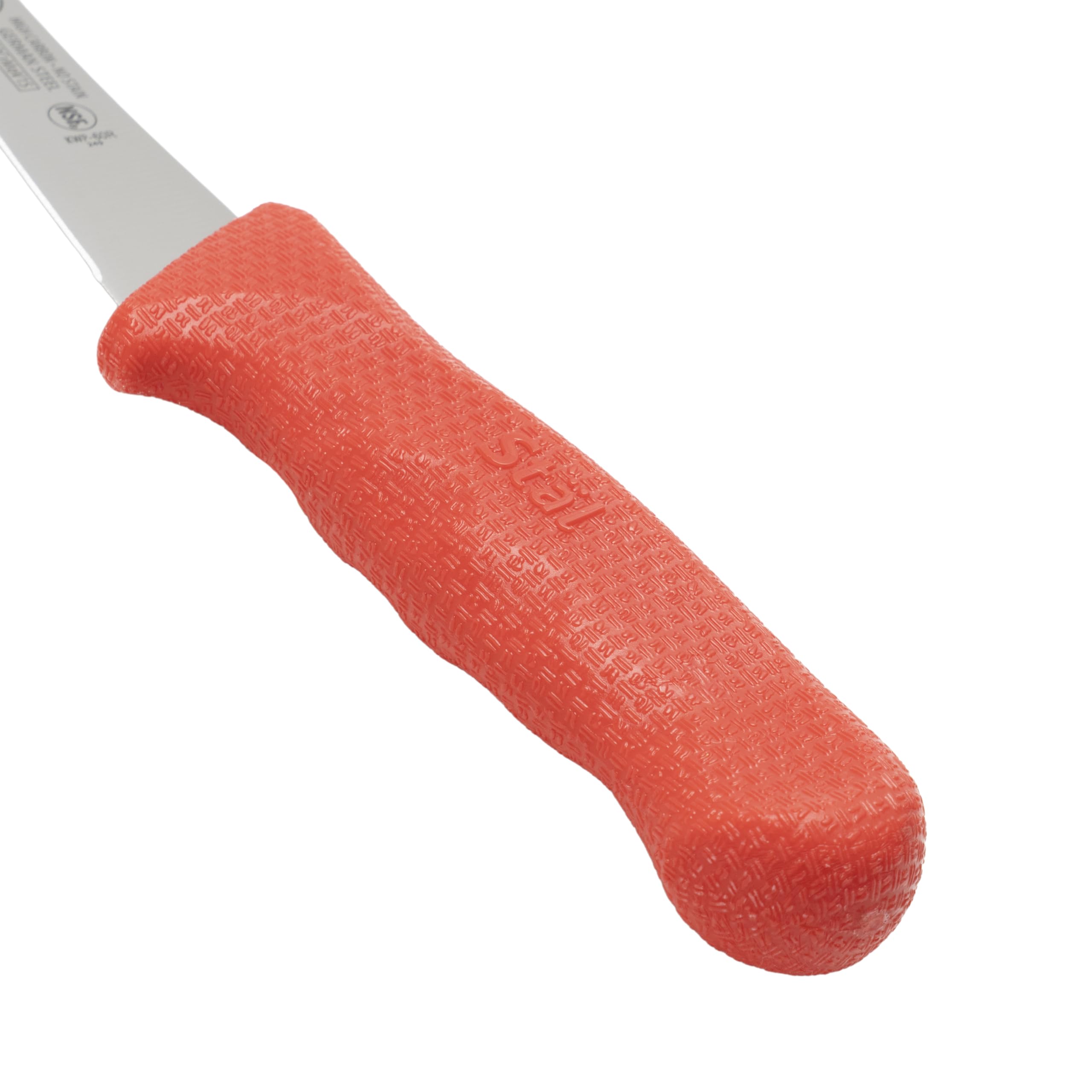 Winco 6-inch boning knife with red ergonomic handle for comfortable extended use.