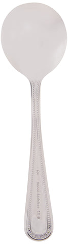 Winco Dots bouillon spoons on a dining table setup for service