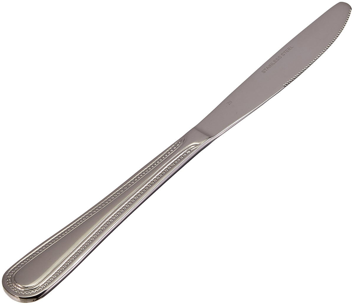 Winco Dots dinner knife with mirror finish highlighting durability for busy dining rooms.