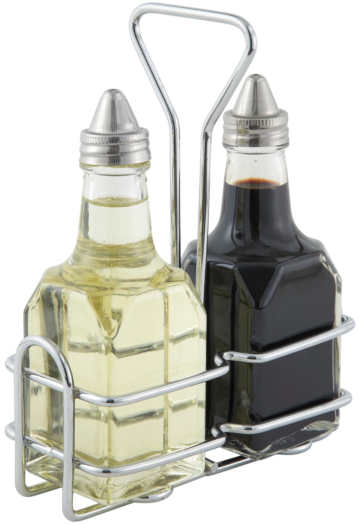 Winco G-104S oil and vinegar cruet set with chrome rack for organized, spill-free table service.