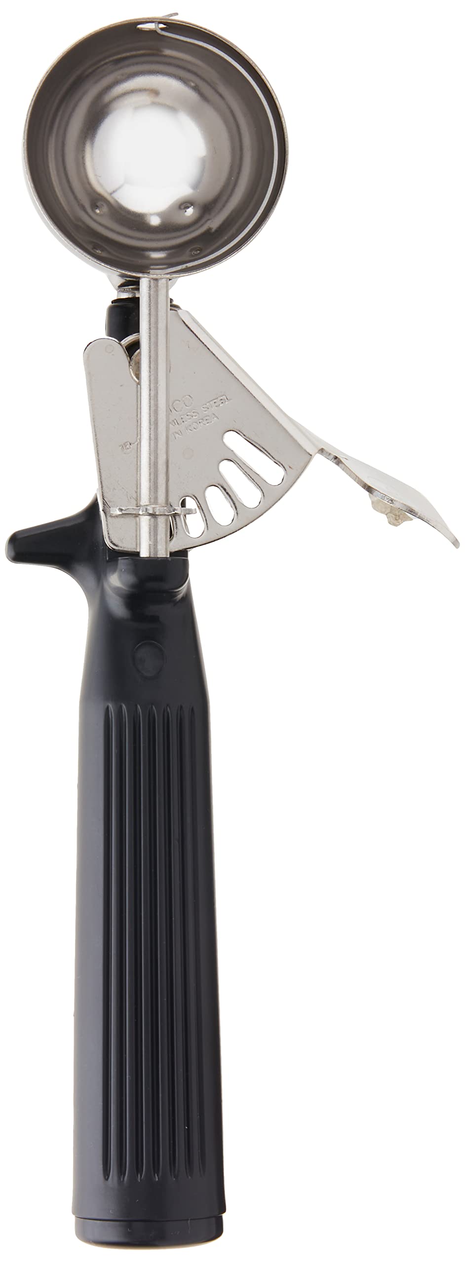 Winco ICOP-30 ice cream disher with black handle for precise portions.