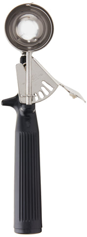 Winco ICOP-30 ice cream disher with black handle for precise portions.
