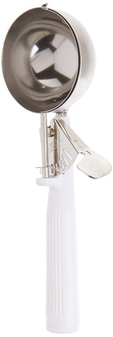 Winco ICOP-6 ice cream disher with white handle scooping 5.5 oz portions