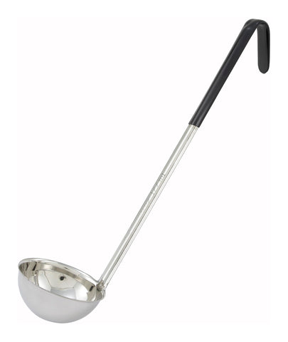 Winco stainless steel ladle with black handle for cool, non-slip grip and precise portions.