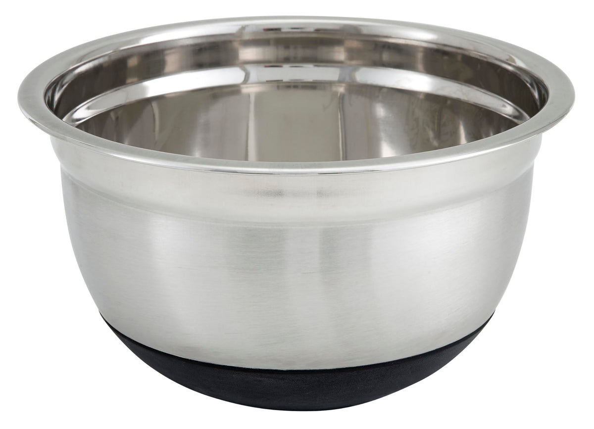 Winco mixing bowl with silicone base provides stable prep on crowded countertops.