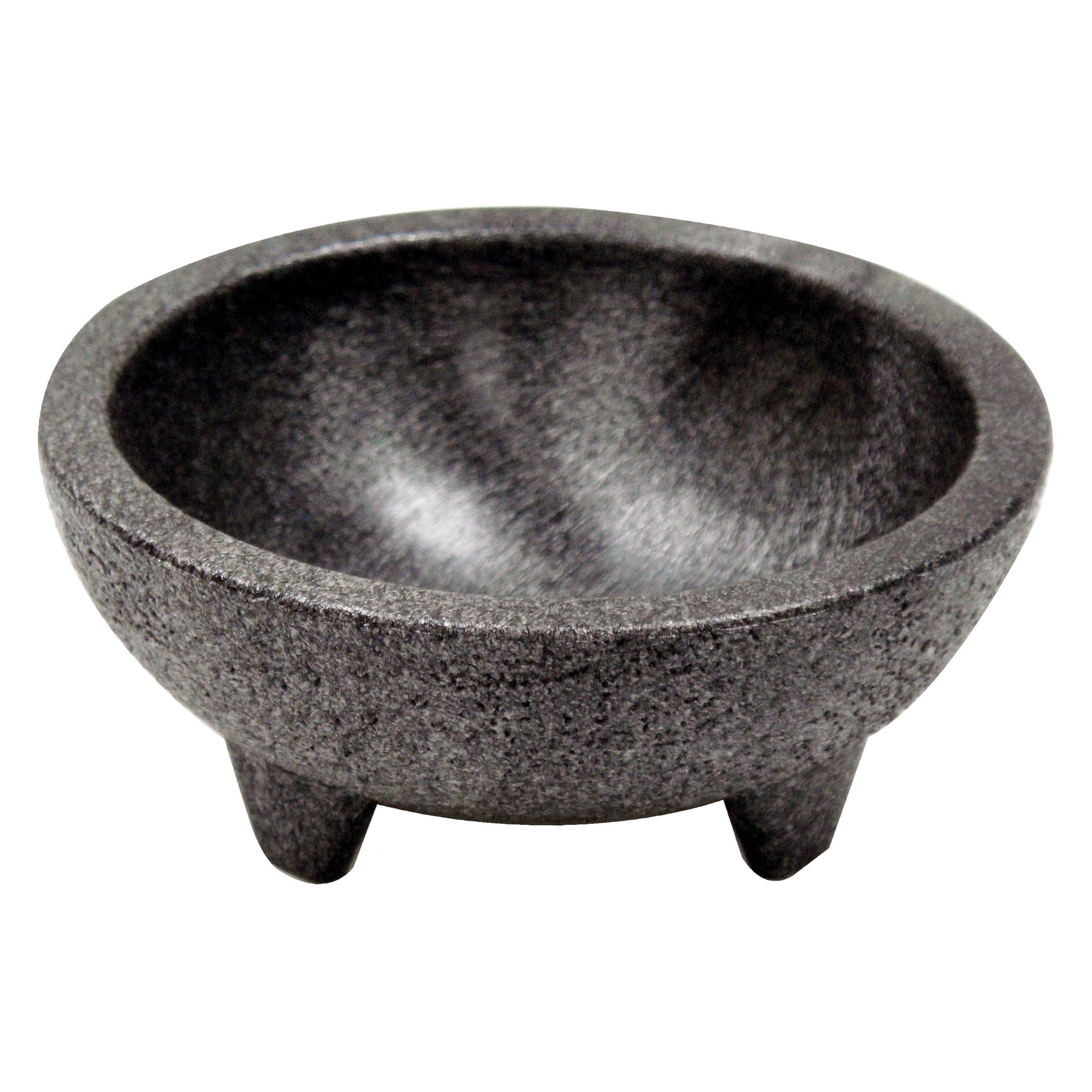 Winco molcajete salsa bowls in black, four 4-ounce portions, ideal for dips and sauces.
