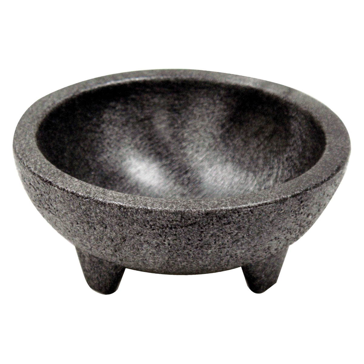 Winco molcajete salsa bowls in black, four 4-ounce portions, ideal for dips and sauces.