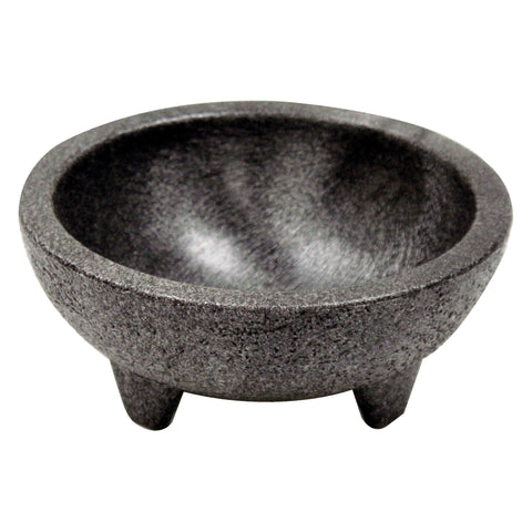 Winco molcajete salsa bowls in black, four 4-ounce portions, ideal for dips and sauces.