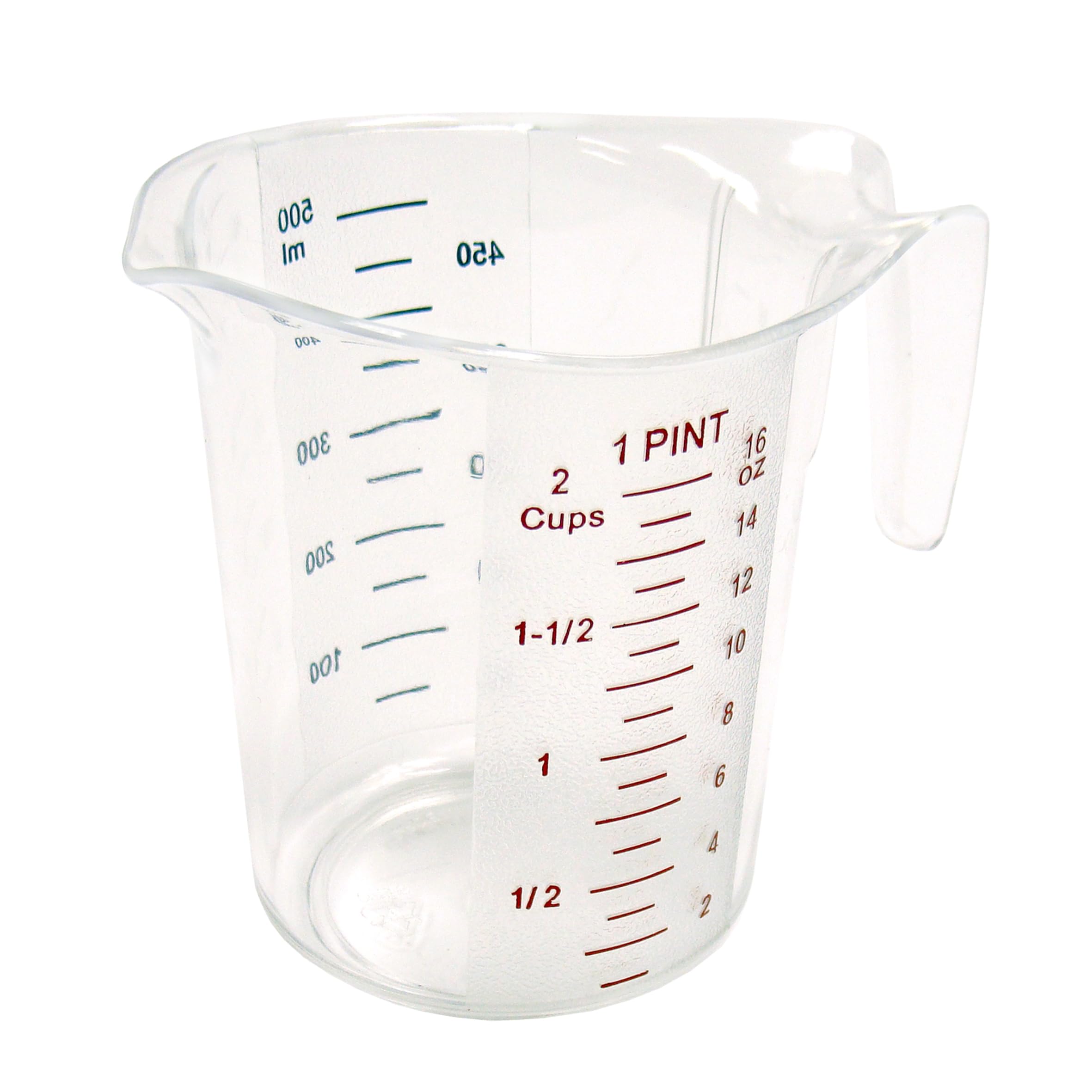 Winco PMCP-50 pint measuring cup in clear polycarbonate with bold red quart and blue liter markings