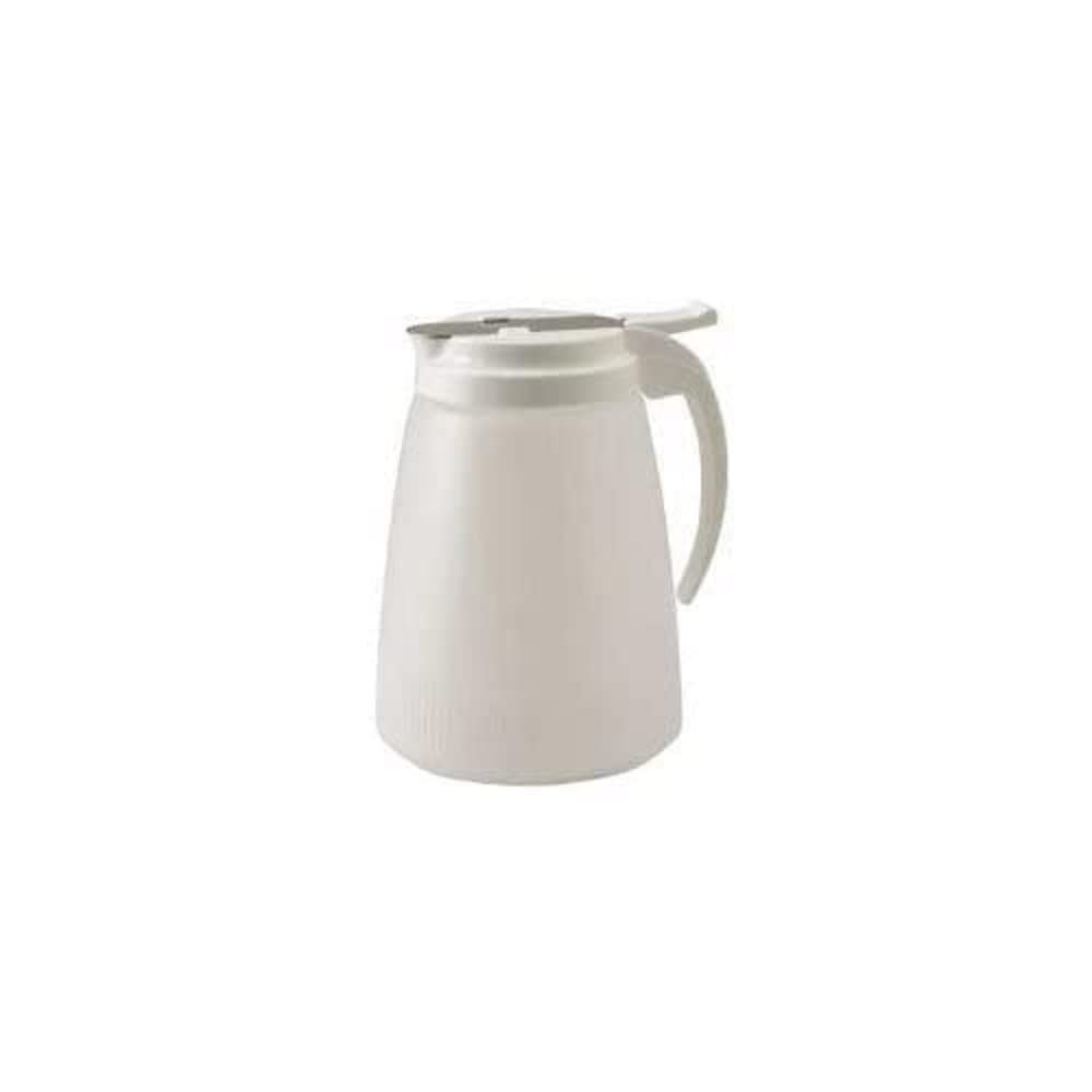 Winco PSUD-32 syrup dispenser with lid and slide cover for clean, controlled pours.