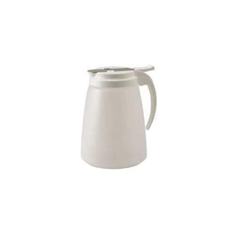 Winco PSUD-32 syrup dispenser with lid and slide cover for clean, controlled pours.