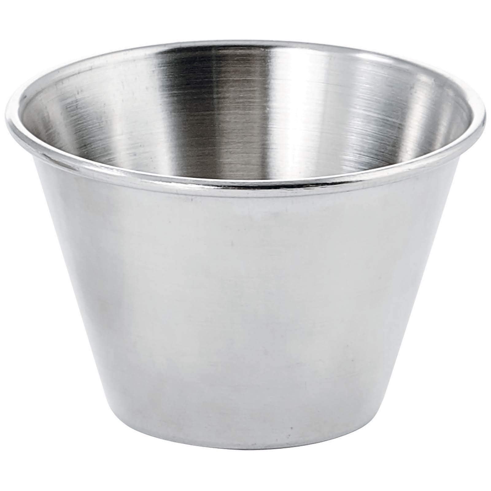 Winco SCP-40 4oz round ramekins for sauces and dips; rust-resistant stainless steel.