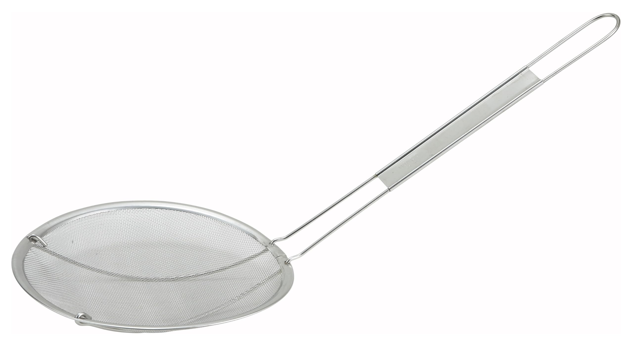 Winco stainless steel strainer, 6-inch diameter, close-up, fine mesh for durability.
