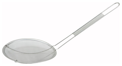 Winco stainless steel strainer, 6-inch diameter, close-up, fine mesh for durability.