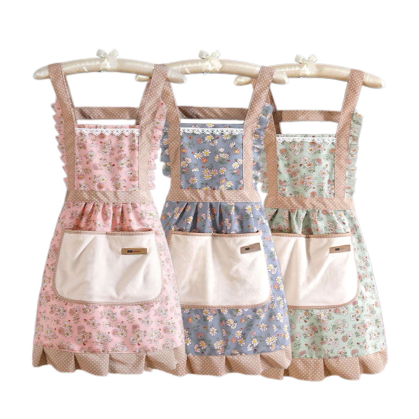 WinDerMo 3-pack floral aprons with pockets, colorful front design for home cooks.
