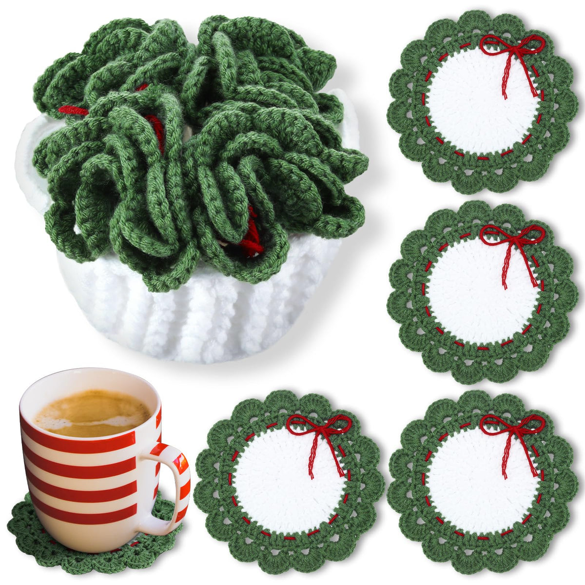 Windkream wreath coaster set with four coasters and a white storage basket