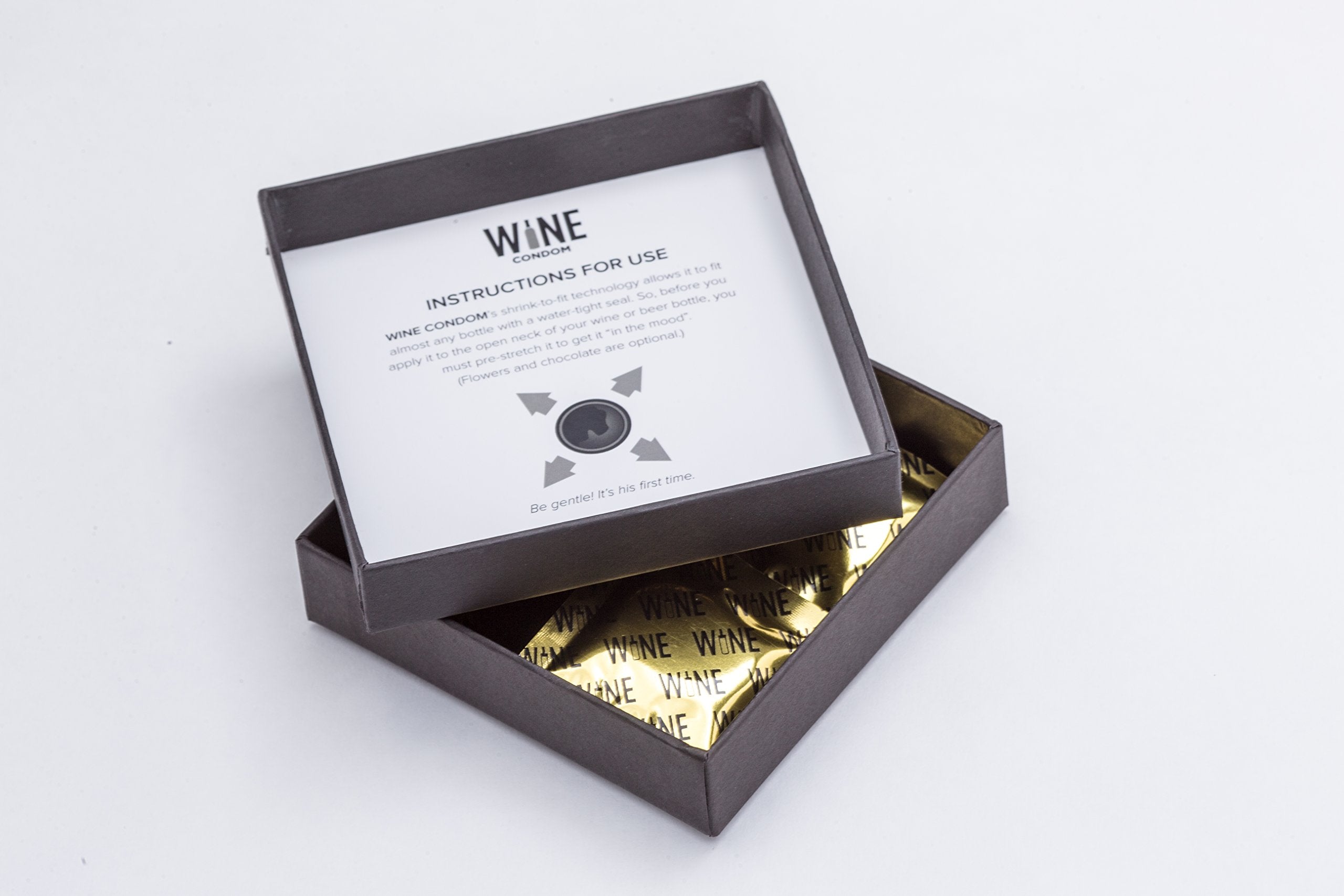 Wine Condoms reusable bottle stopper highlights long-lasting, spill-free storage.