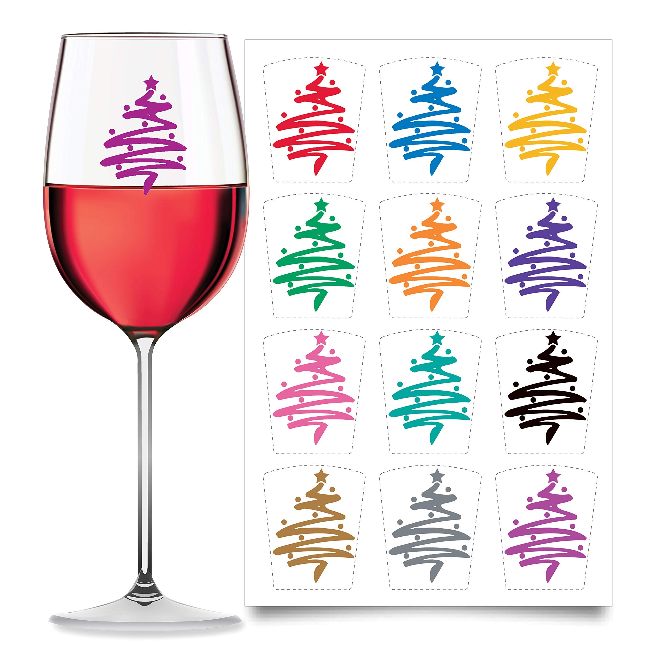 Wine Wear drink markers 12pc Christmas Tree decal on glass for easy party labeling.