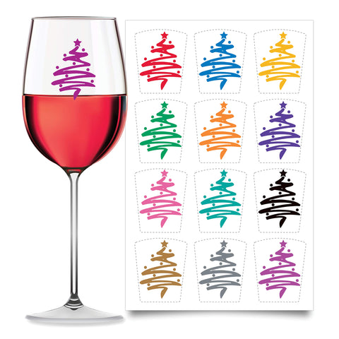 Wine Wear drink markers 12pc Christmas Tree decal on glass for easy party labeling.