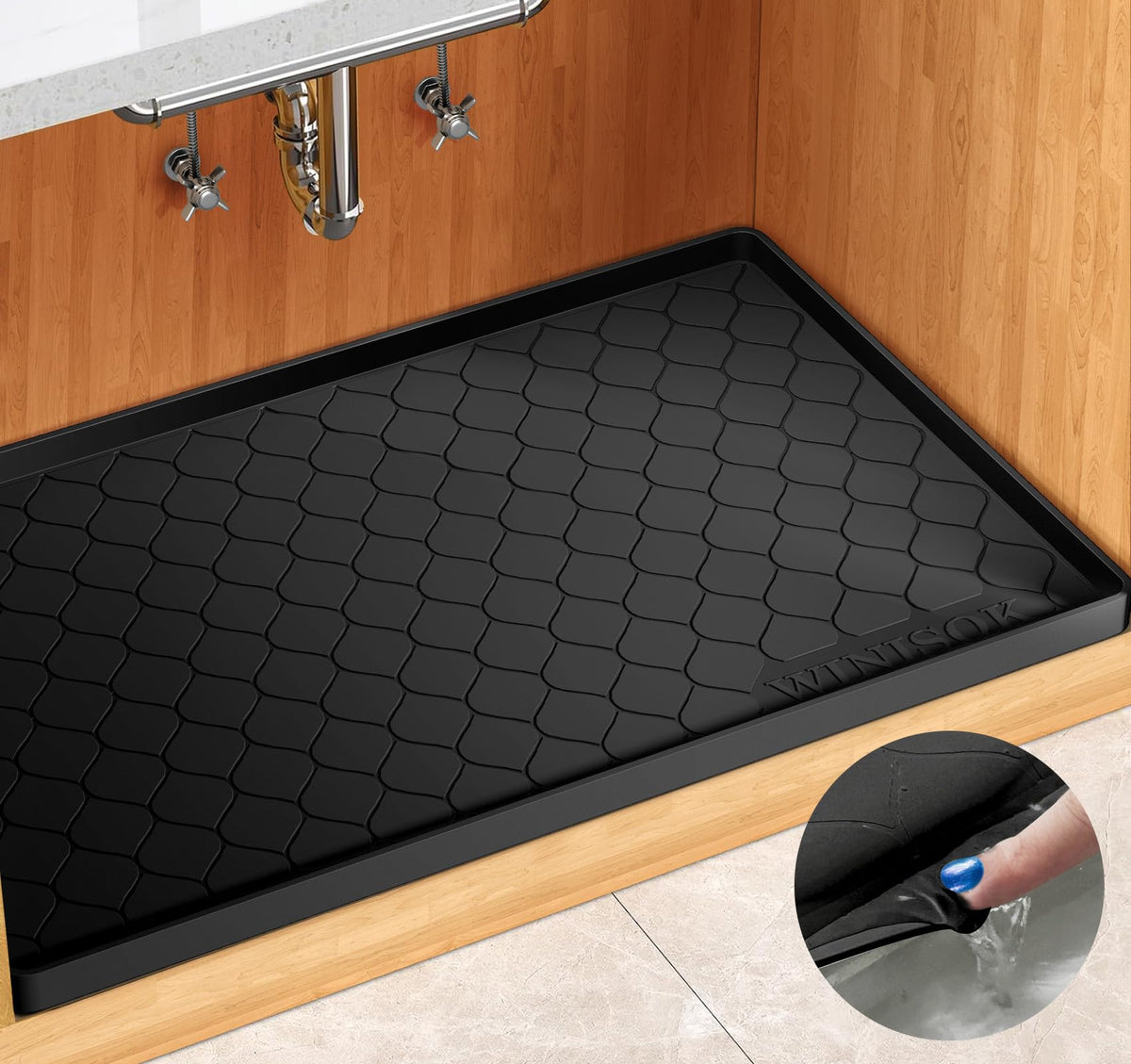 Winisok silicone under-sink mat shielding cabinets from leaks and spills.