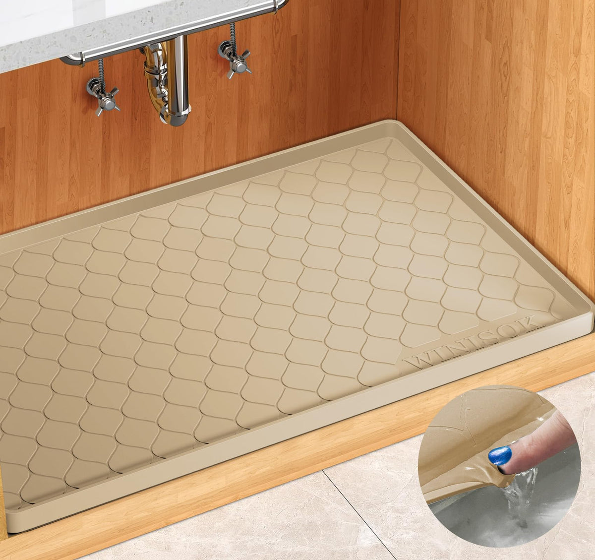 Winisok under-sink mat 31x22 inside a cabinet protects against leaks.