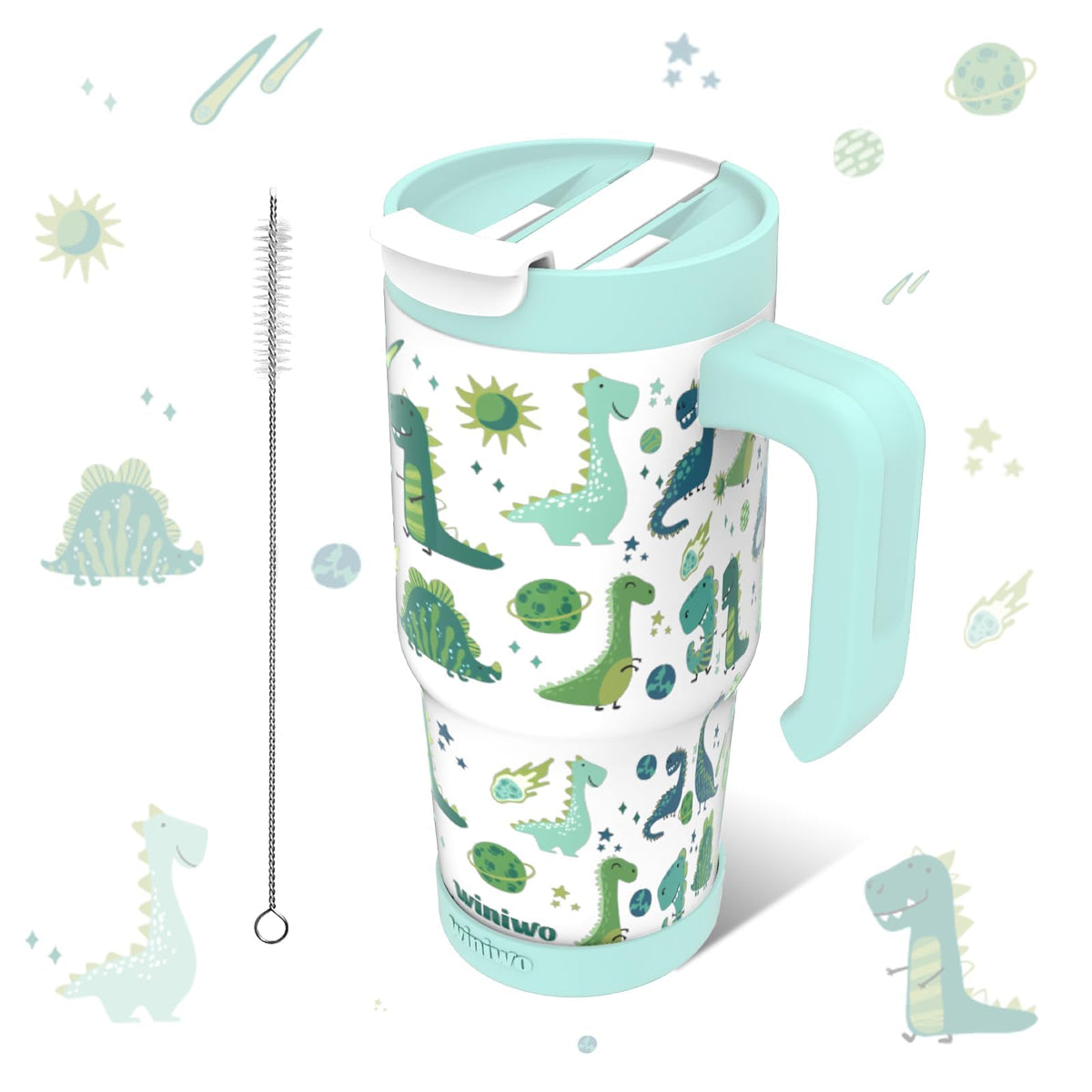 WINIWO 22 oz tumbler with green dinosaur pattern and easy-to-hold handle.