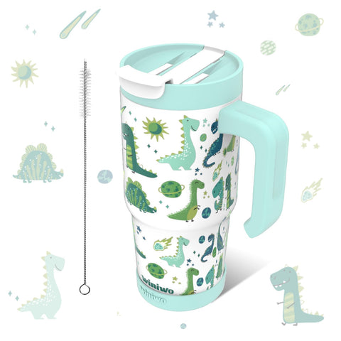 WINIWO 22 oz tumbler with green dinosaur pattern and easy-to-hold handle.