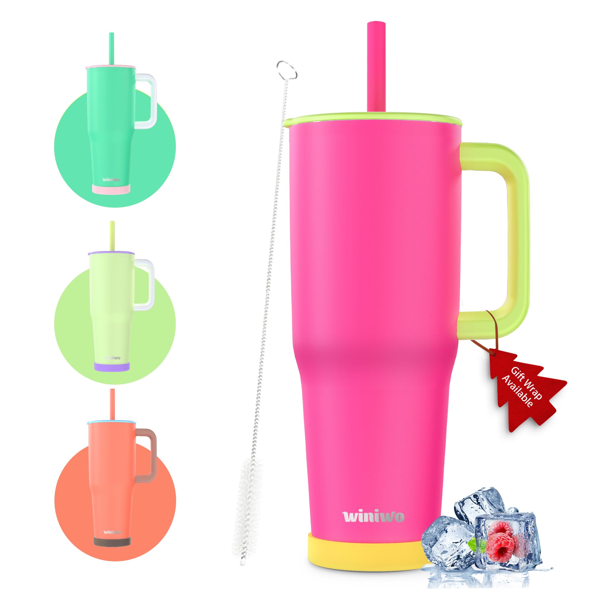 Winiwo 40oz tumbler with handle and straw in ruby red, easy to carry on the go.