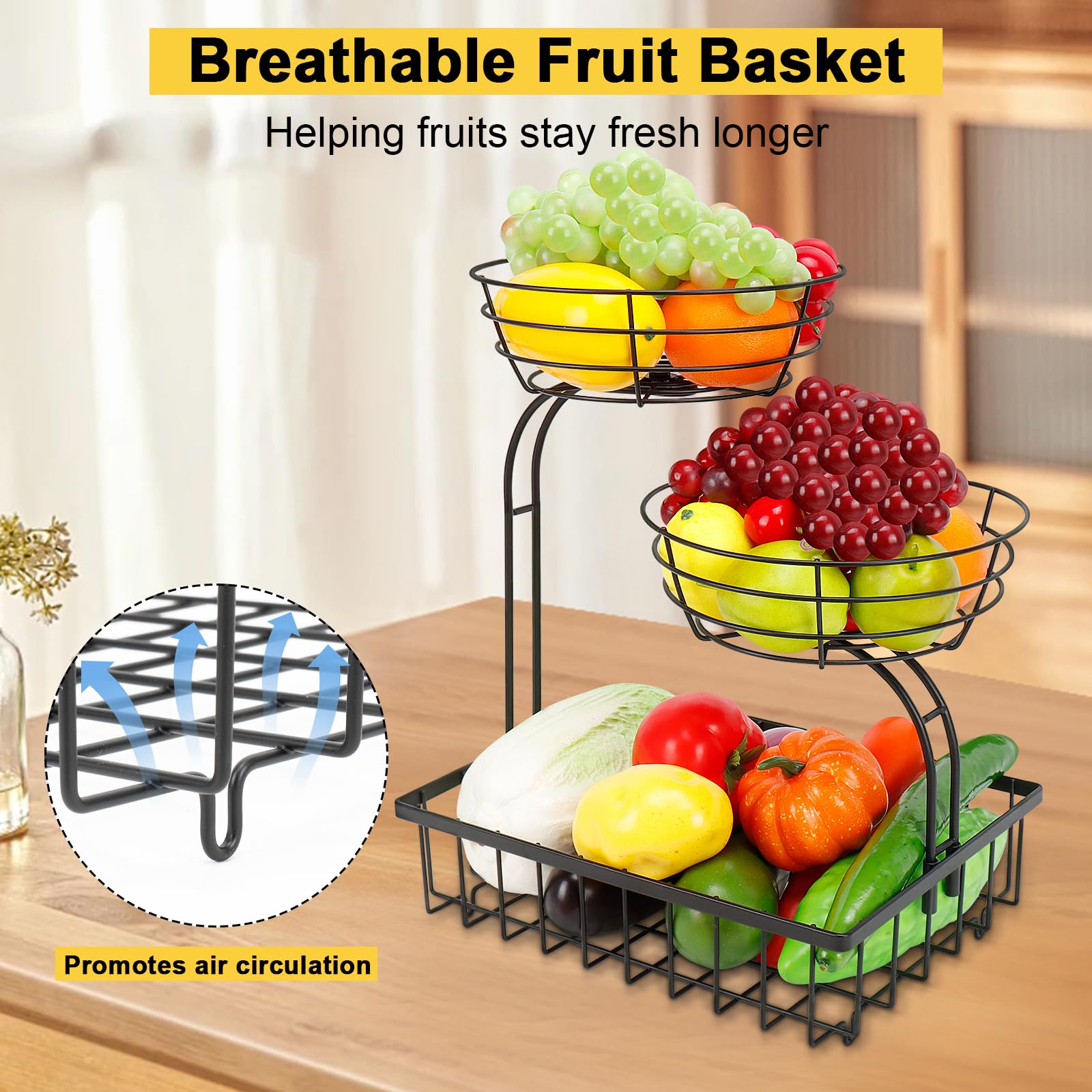 Winmien 3-Tier Basket in use on the counter for easy reach and visibility