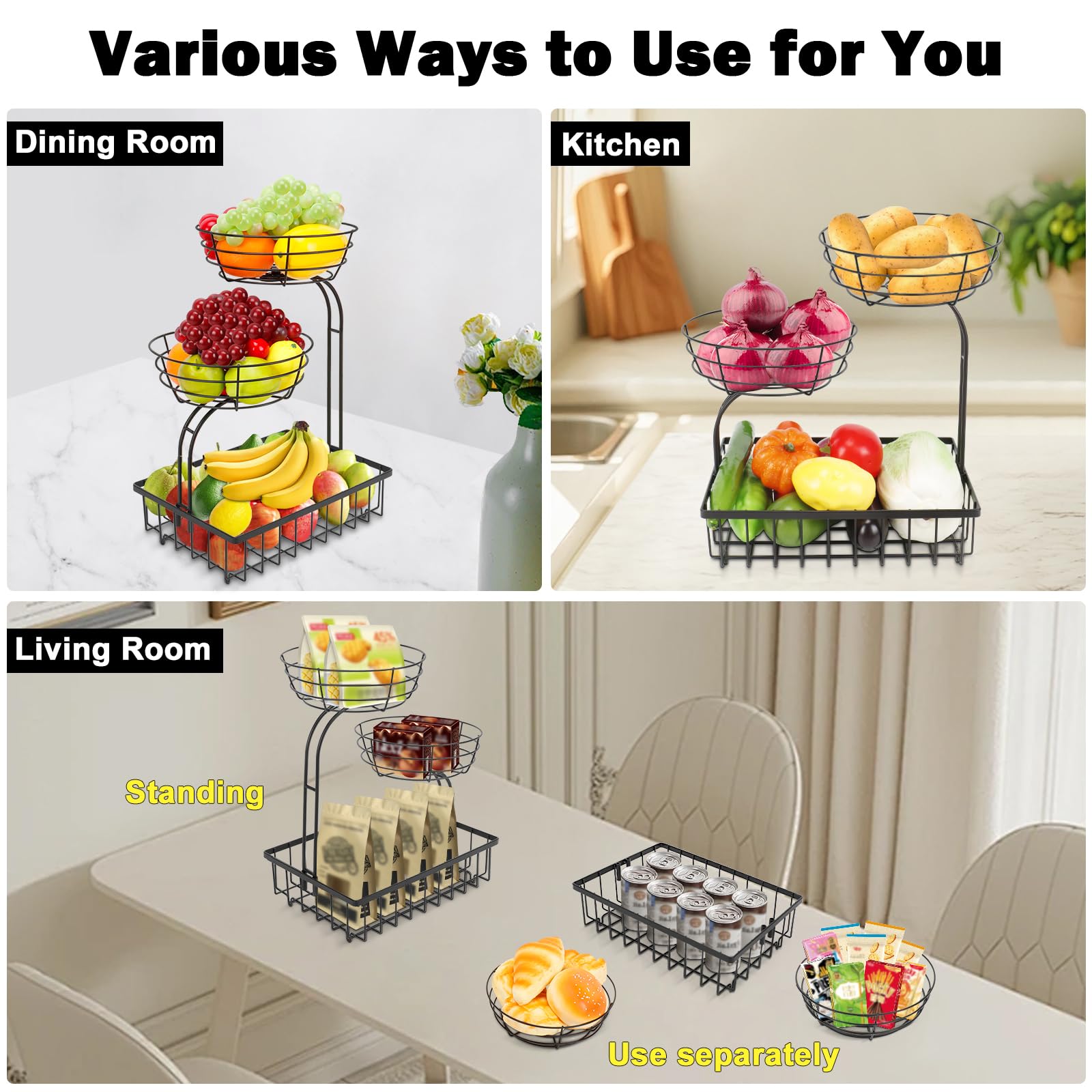 Winmien 3-Tier Basket metal construction emphasizes rustproof durability