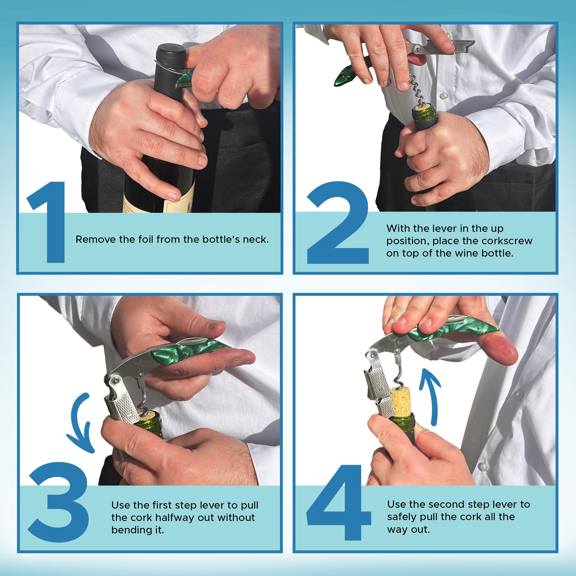 Wino Wine Key curved foil cutter provides clean neck foil removal.