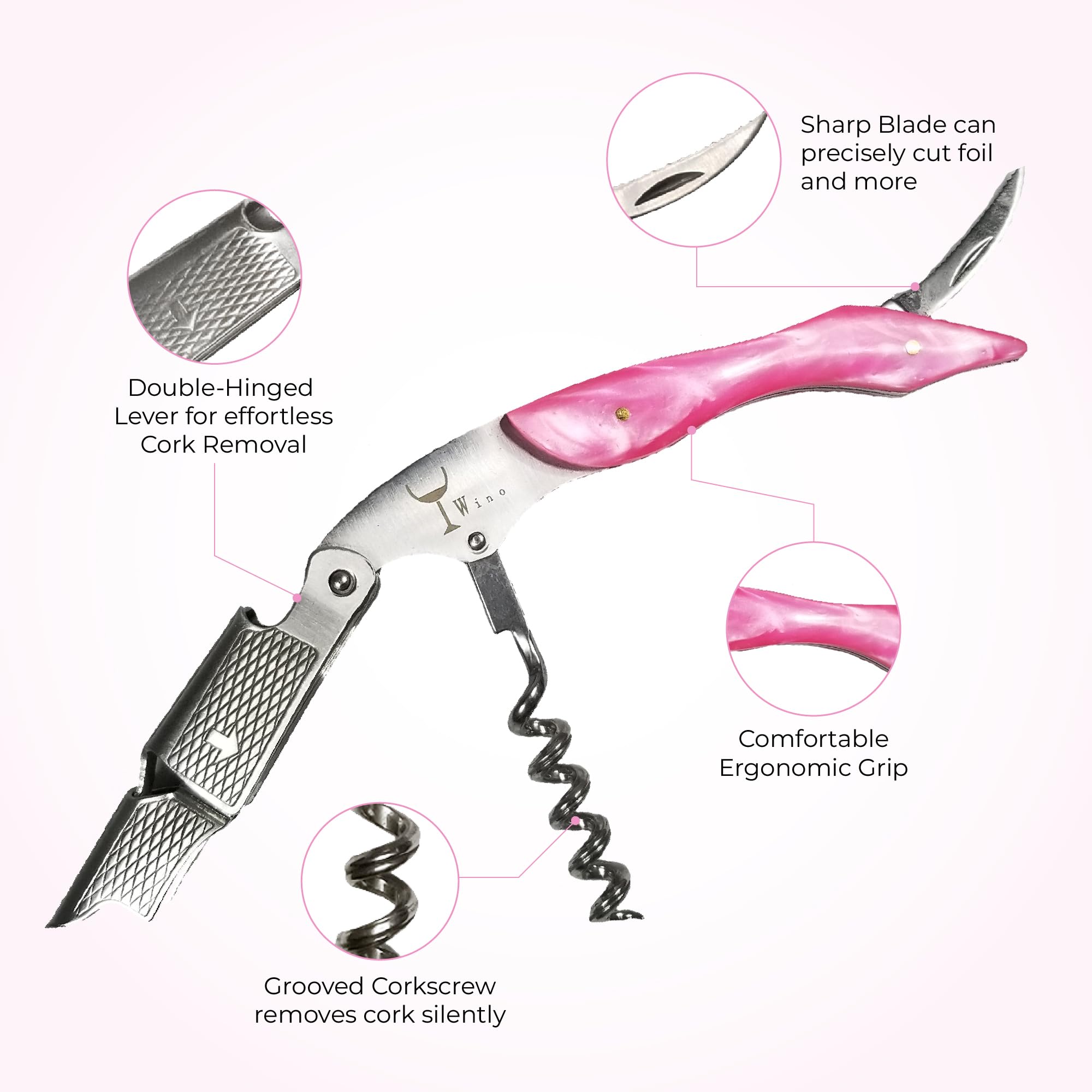 Wino Wine Key double-hinged lever eases cork removal with a single fluid motion.