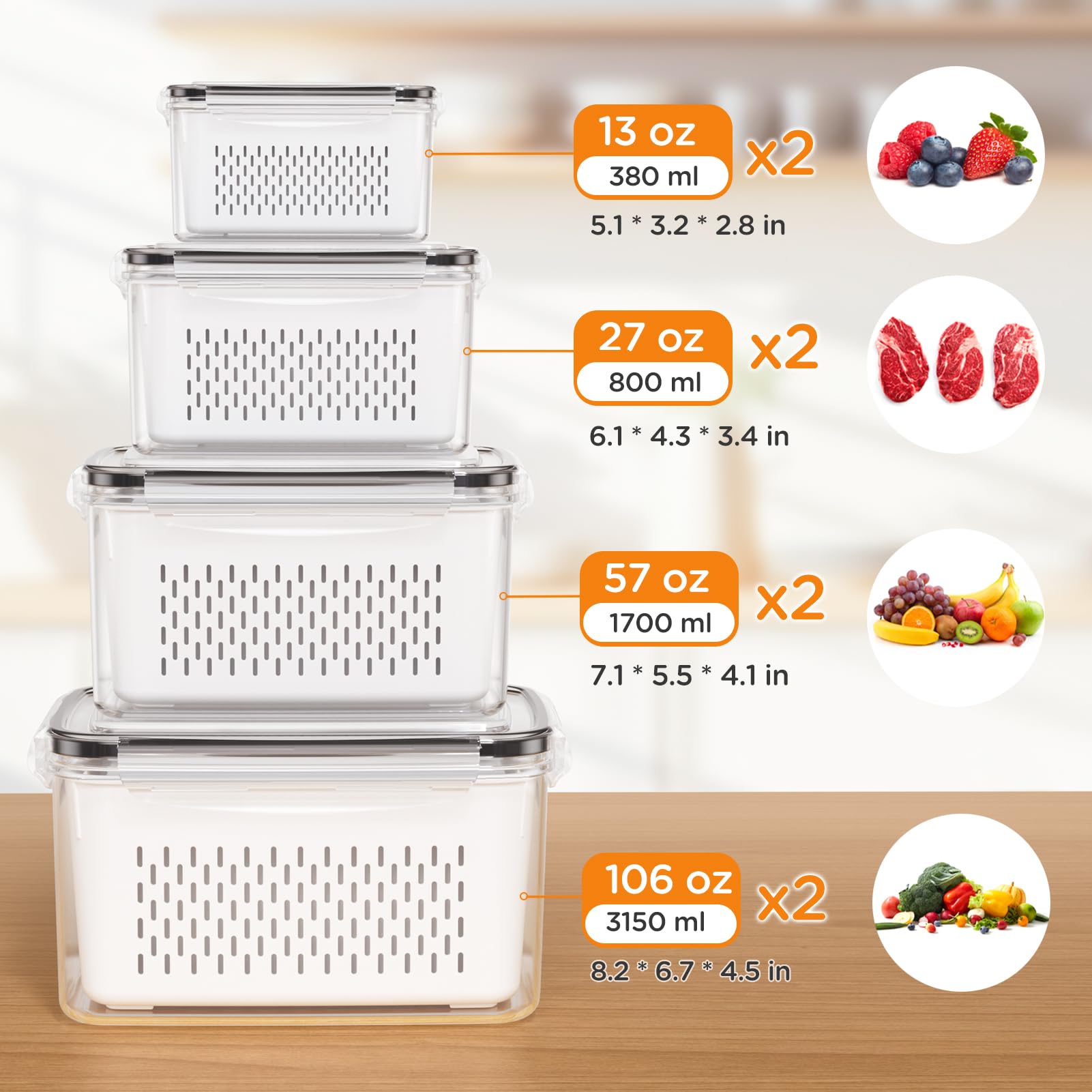 Removable colanders on Winproper containers for easy rinsing and drainage.