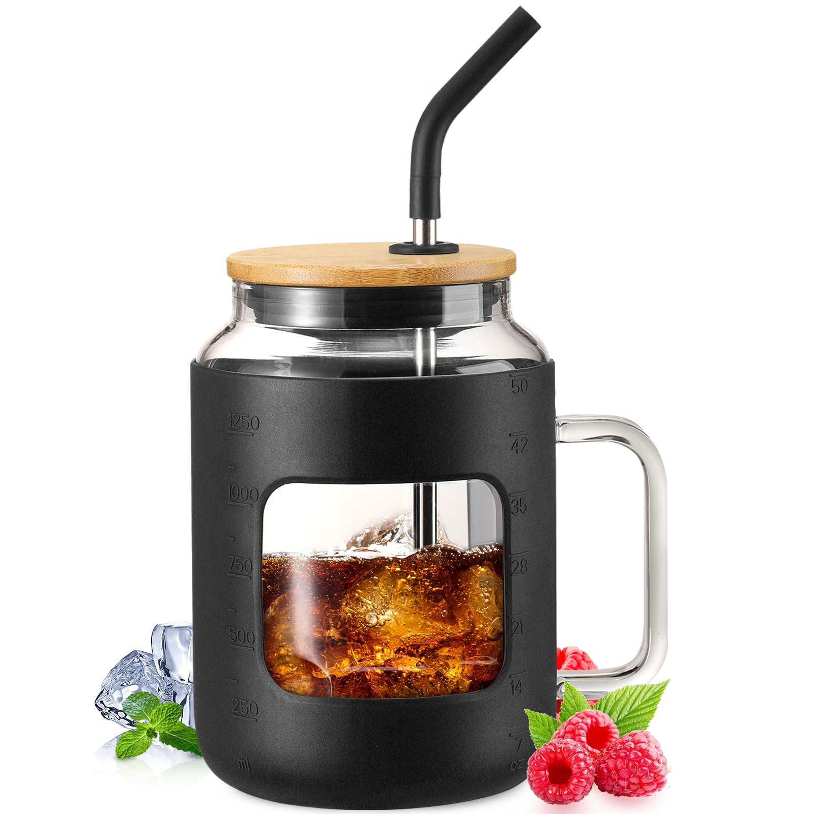 WINSA 50oz glass water bottle with silicone sleeve provides condensation-free grip for desk and gym