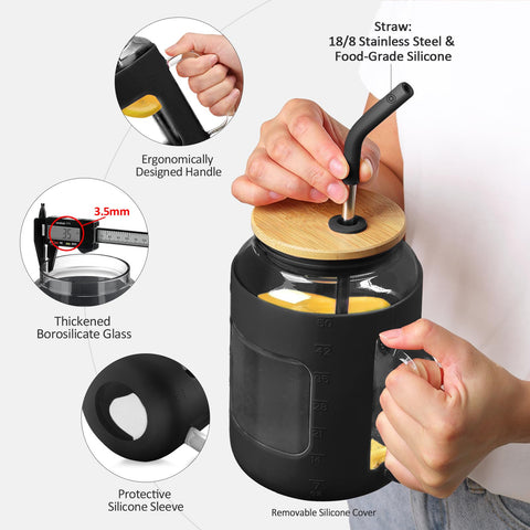 WINSA glass tumbler with bamboo lid and straw for on-the-go hydration